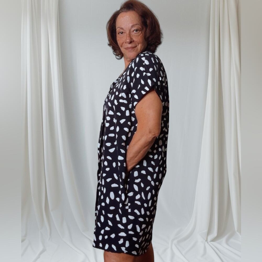 Umgee Dalmatian Navy Print Short Folded Sleeve Babydoll Dress M